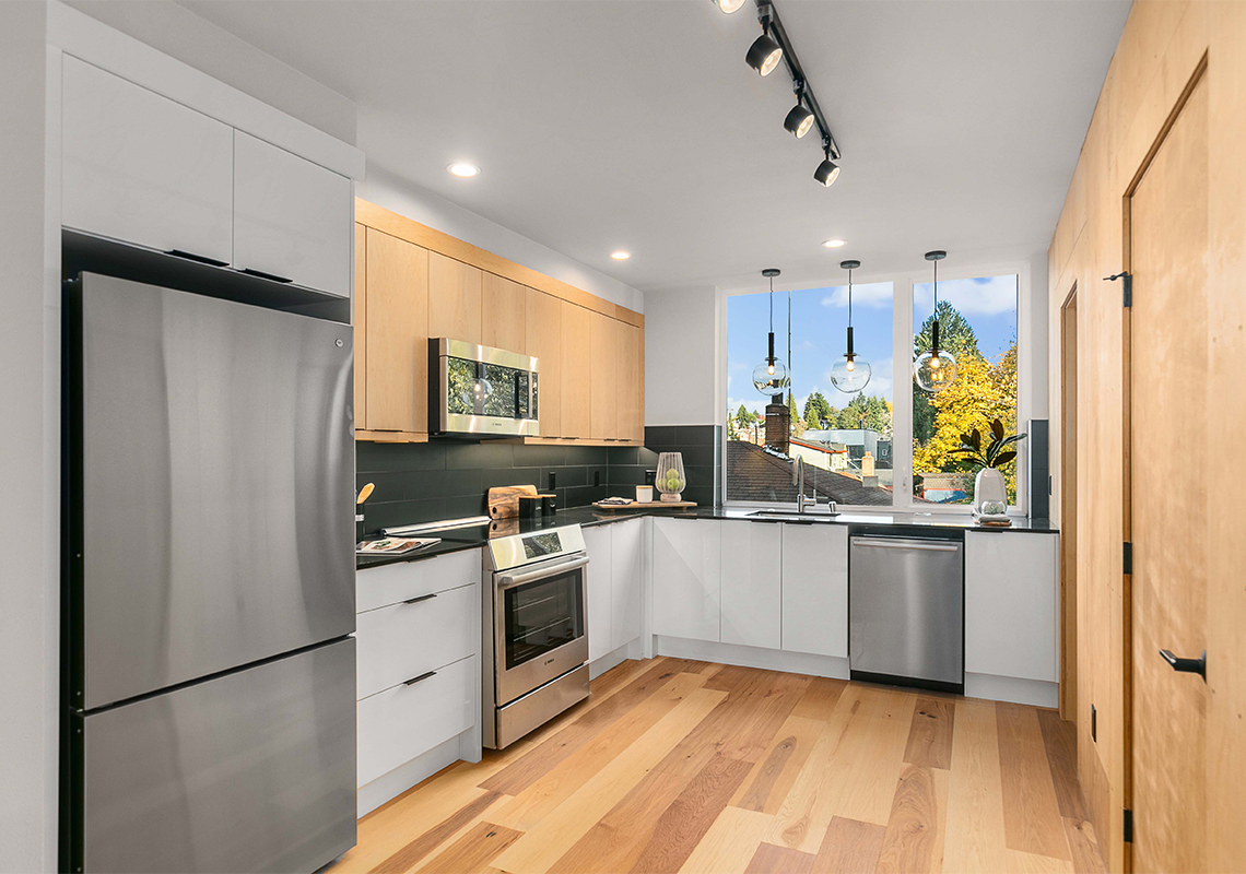 kitchen, Built Green 4-Star townhomes at 5200 Renton Avenue South in highly-walkable Columbia City